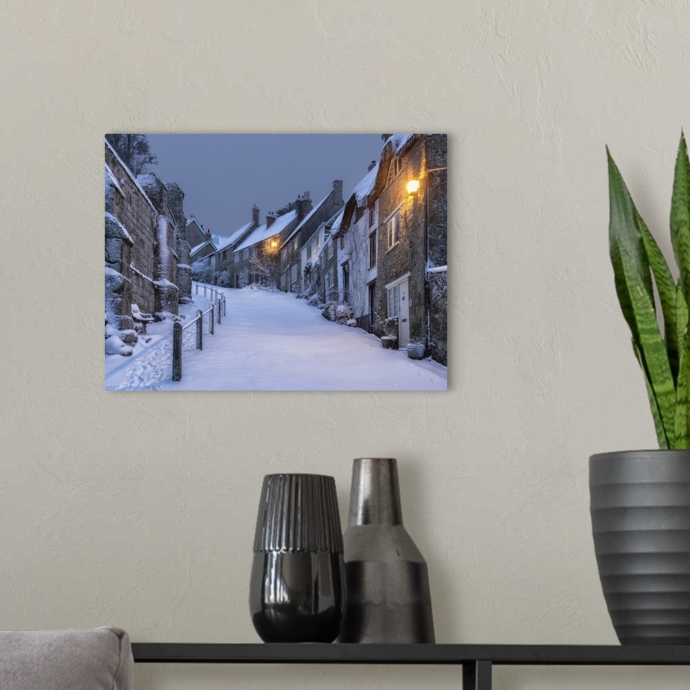 A modern room featuring Gold Hill in winter, Shaftesbury, Dorset, England, UK.
