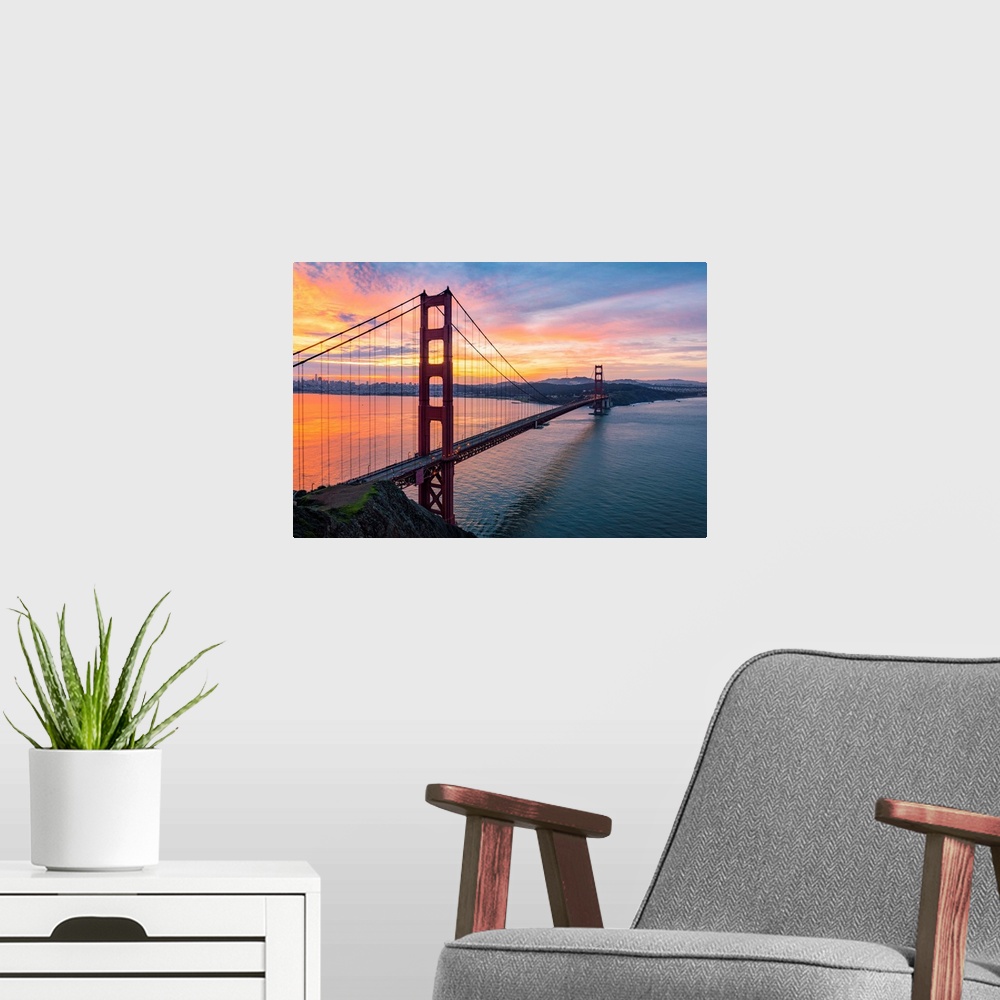 A modern room featuring Golden Gate Bridge During Sunrise, Marin County, San Francisco, Northern California, USA.