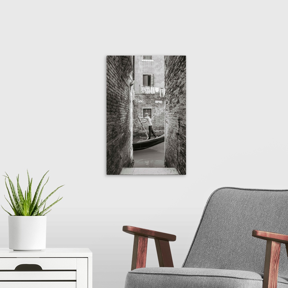 A modern room featuring Gondola on a small canal, Cannaregio, Venice, Veneto, Italy.