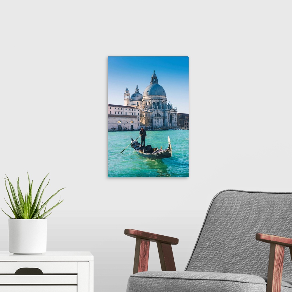 A modern room featuring Venice, Veneto, Italy. Gondola Over The Grand Canal With The Salute (St Mary Of Health) Basilica ...