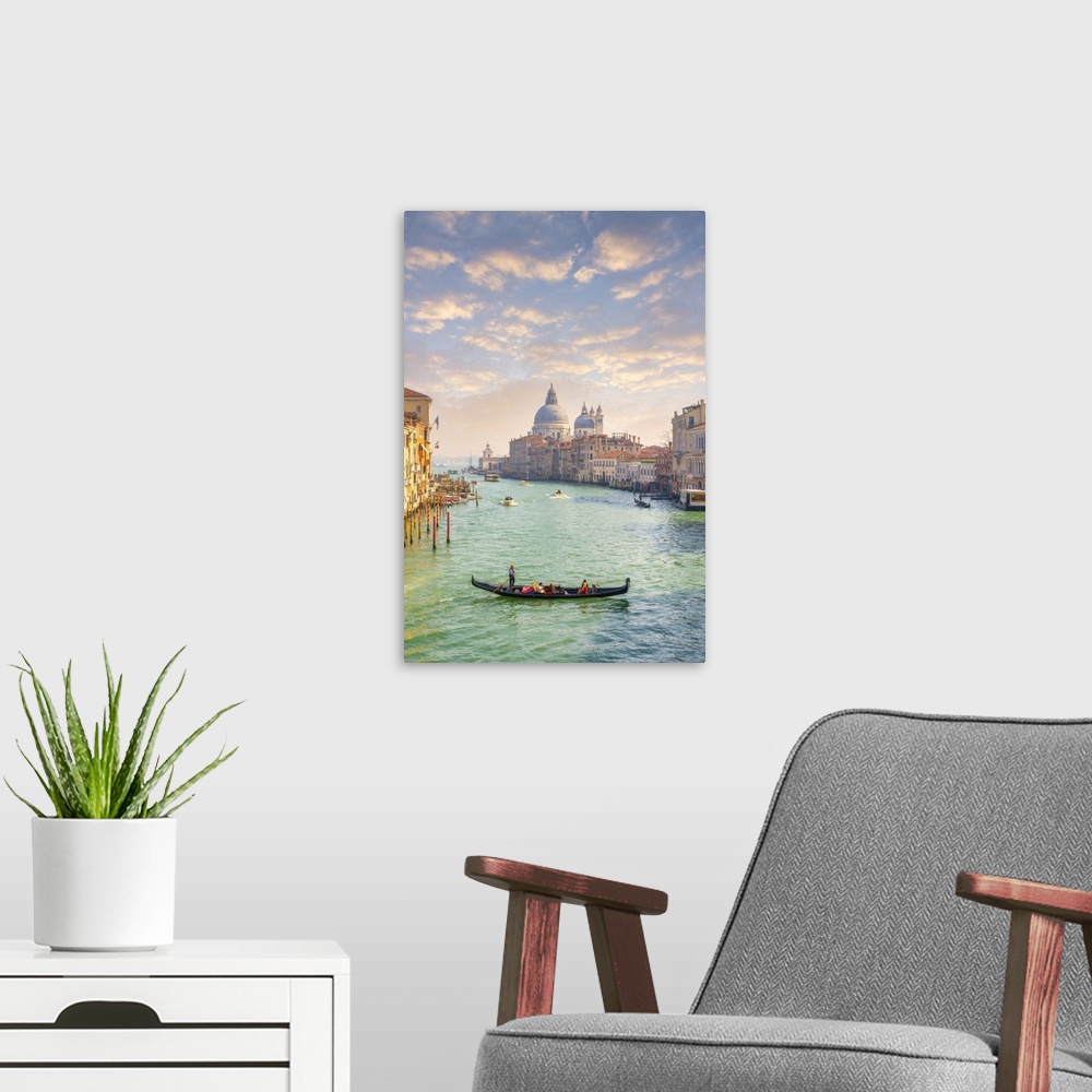 A modern room featuring Gondola with tourists at bacino di San Marco with the island of San Giorgio Maggiore in backgroun...