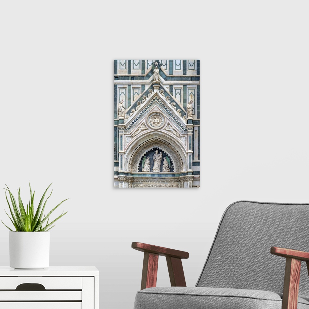 A modern room featuring Gothic Revival faAsade (detail) of Florence Cathedral (Duomo di Firenze). UNESCO World Heritage S...
