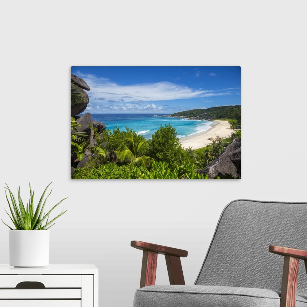 A modern room featuring Grand Anse beach, La Digue, Seychelles.