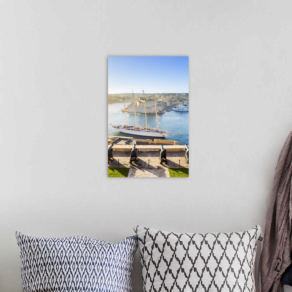 A bohemian room featuring Malta, South Eastern Region, Valletta. The view across Grand Harbour to Fort St Angelo from the S...