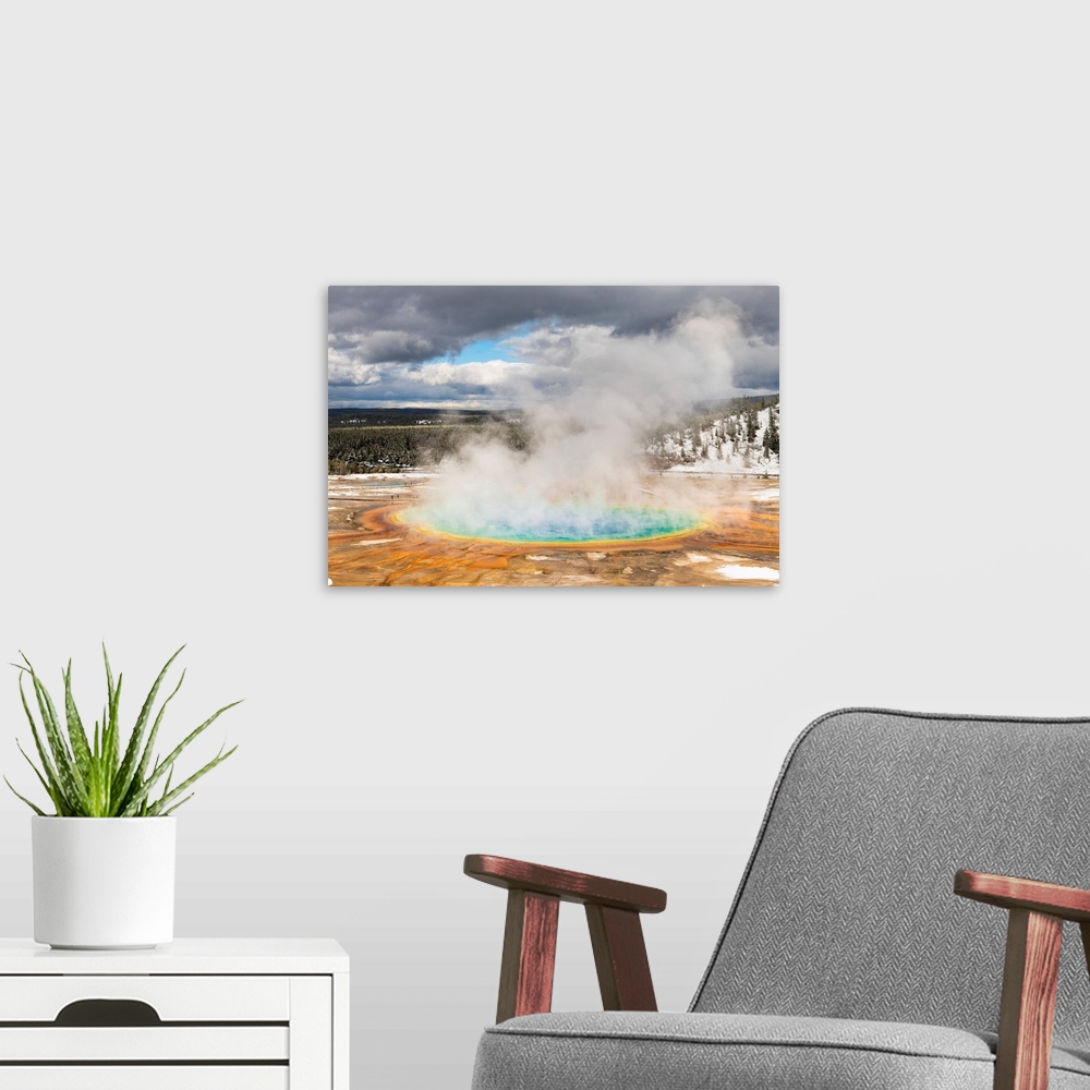 A modern room featuring Grand Prismatic Spring, Midway Geyser Basin, Yellowstone National Park, Wyoming, USA.