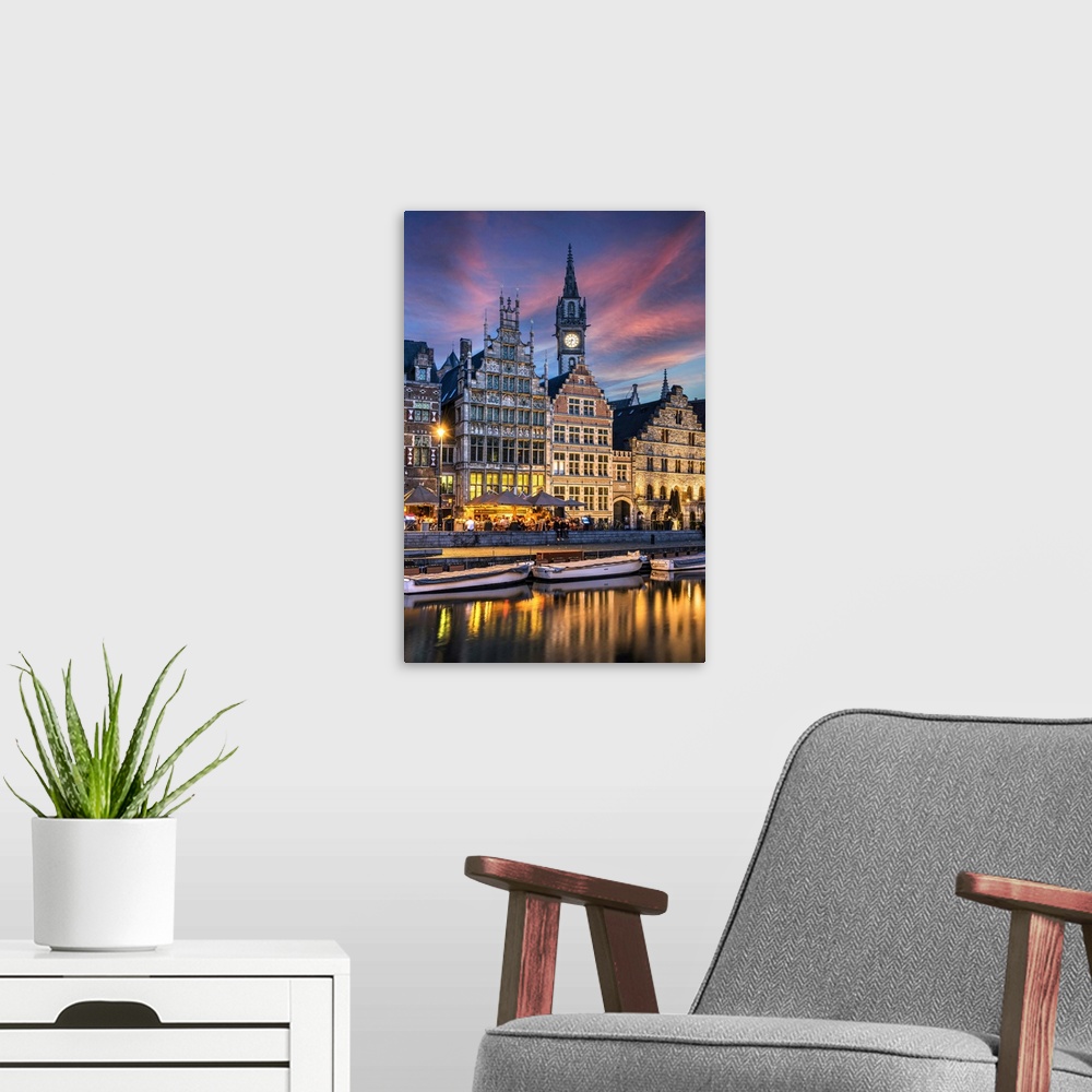 A modern room featuring Graslei quay and guild houses of the old town, Ghent, East Flanders, Belgium. East Flanders, Ghen...