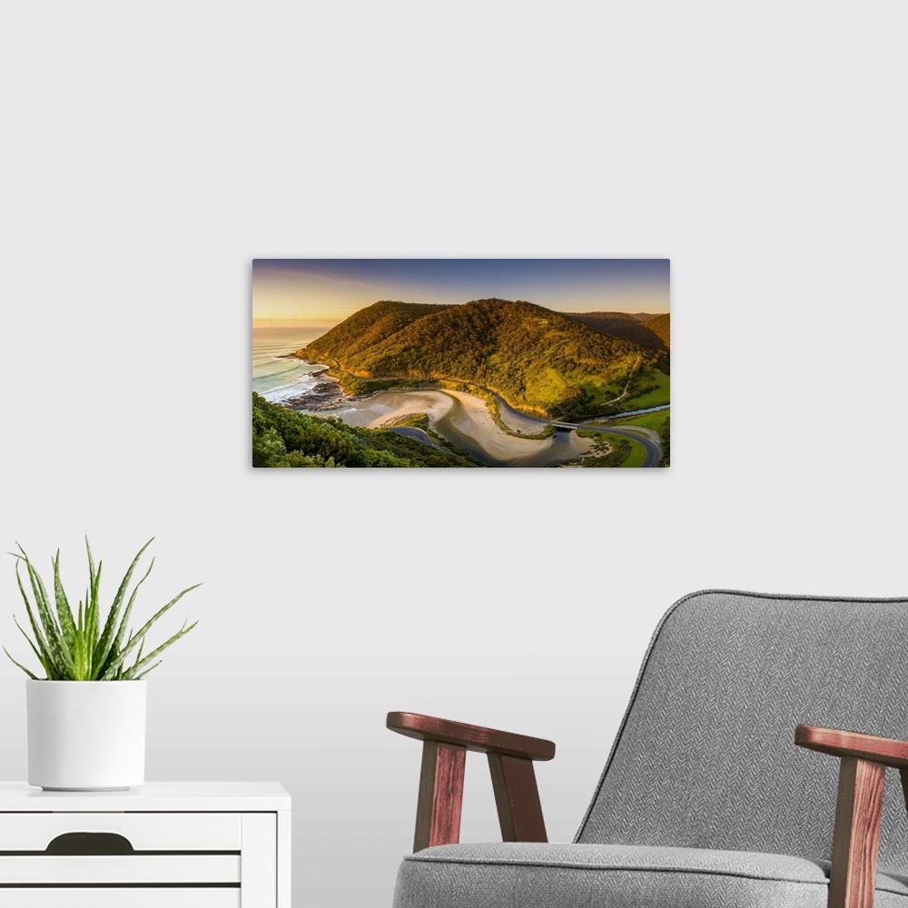 A modern room featuring Great Ocean Road, Victoria, Australia. High angle view at sunrise.