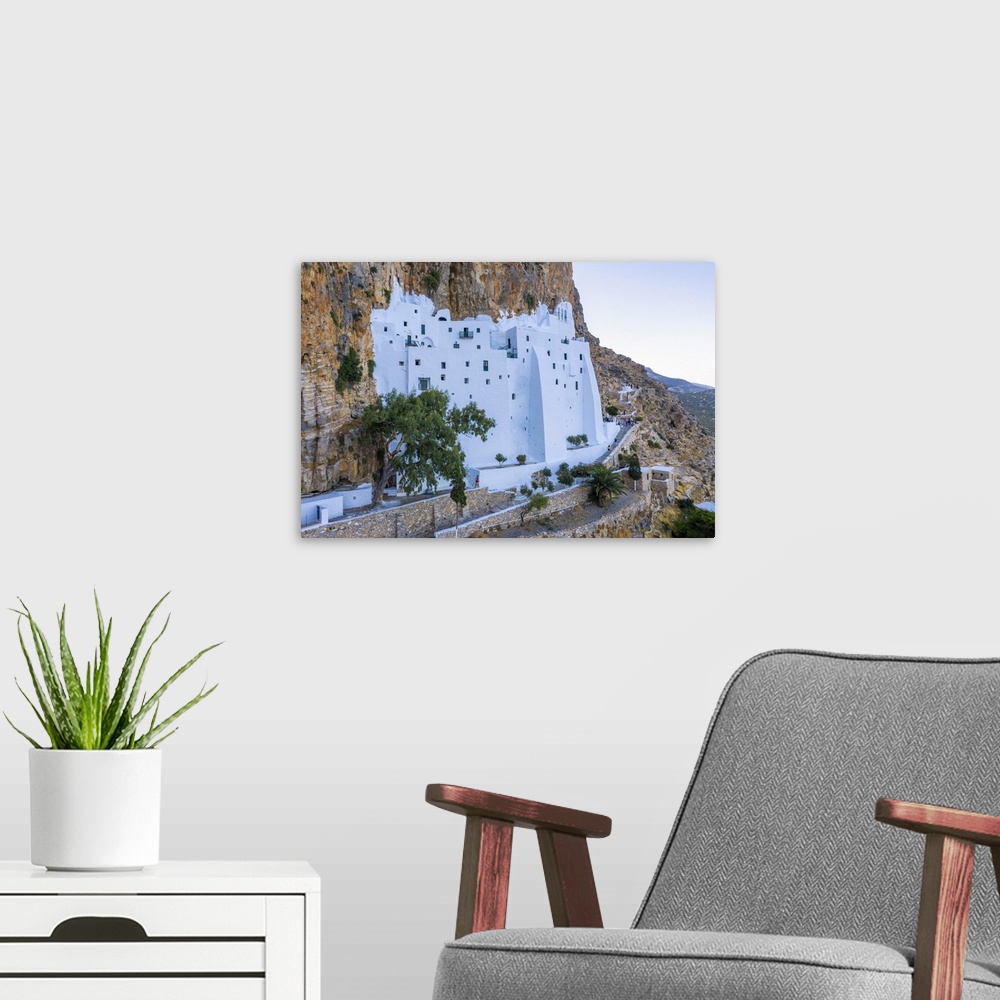 A modern room featuring Greece, Cyclades Islands, Amorgos, Moni Panagias Chozoviotissas Monastery.