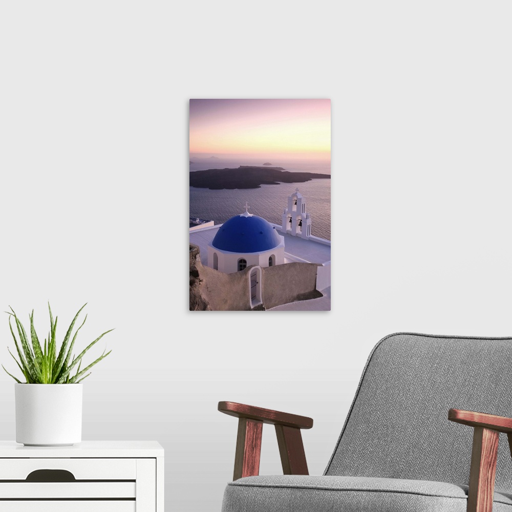 A modern room featuring Greece, Cyclades, Santorini, Firostefani, Church and view of Santorini Caldera