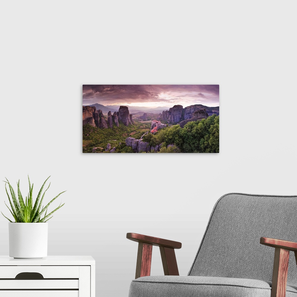 A modern room featuring Greece, Thessaly, Meteora, Panoramic view of Meteora and Holy Monastery of Rousanou