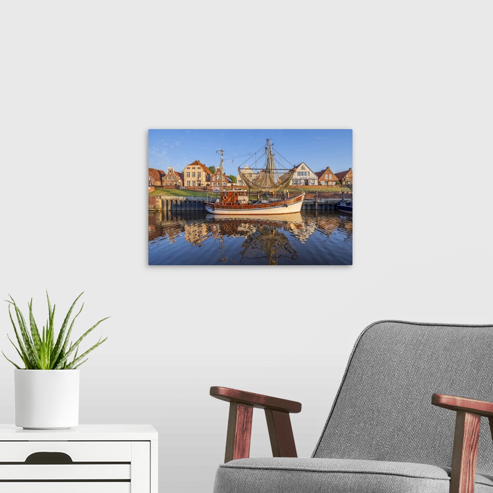 A modern room featuring Greetsiel harbor in early morning light, Krummhorn, East Frisia, Lower Saxony, Germany