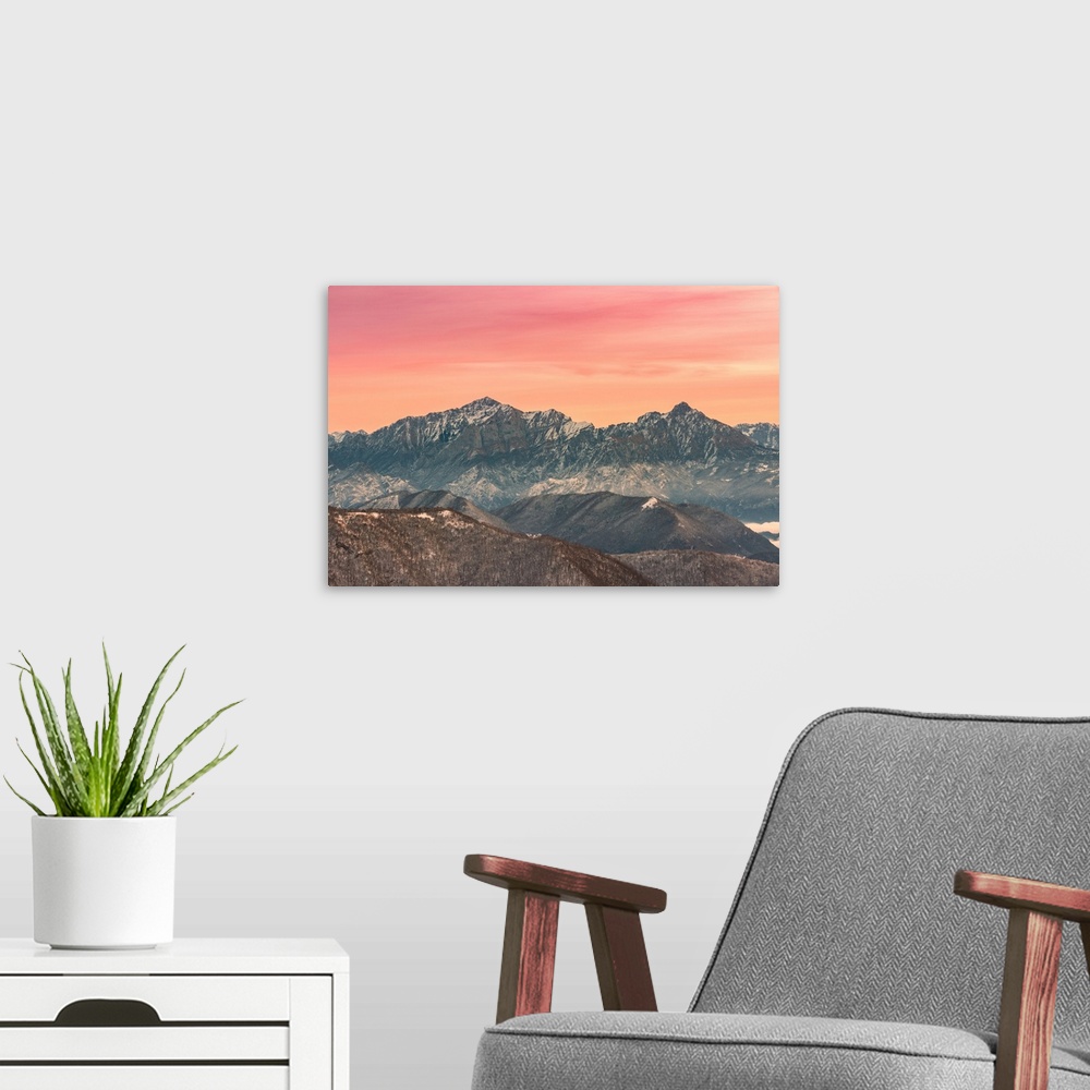 A modern room featuring Overviewed of Grigna settentrionale and Grigna meridionale peaks from Bollettone Mount and colour...