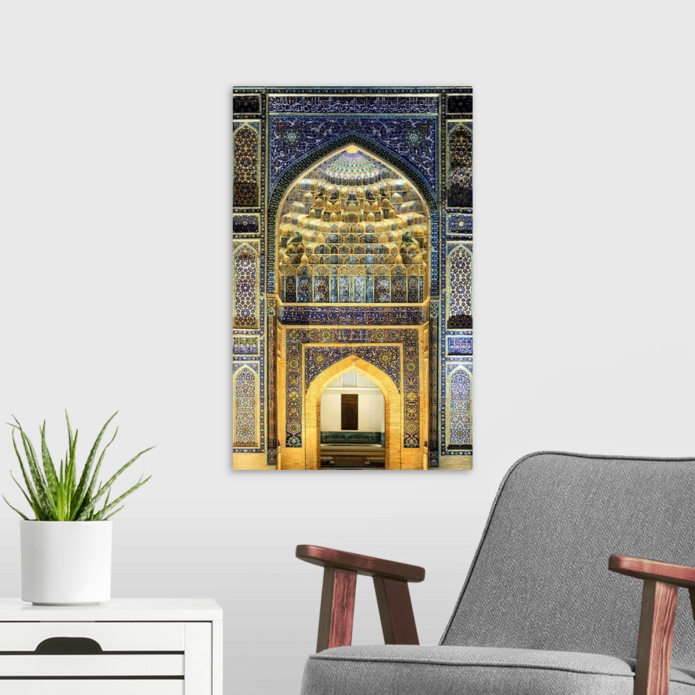 A modern room featuring Gur-e-Amir mausoleum of the Asian conqueror Timur (also known as Tamerlane, 1336-1405). It has a ...
