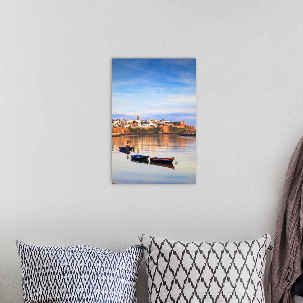 A bohemian room featuring Harbour and Fishing Boats with Oudaia Kasbah and Coastline in Background, Rabat, Morocco, North A...