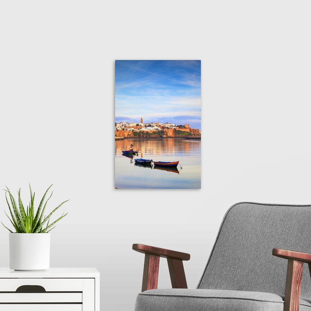 A modern room featuring Harbour and Fishing Boats with Oudaia Kasbah and Coastline in Background, Rabat, Morocco, North A...