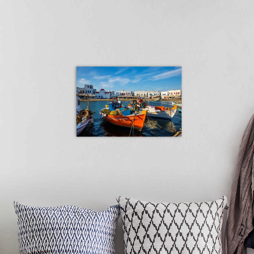 A bohemian room featuring Harbour in Mykonos Town, Mykonos, Cyclade Islands, Greece.
