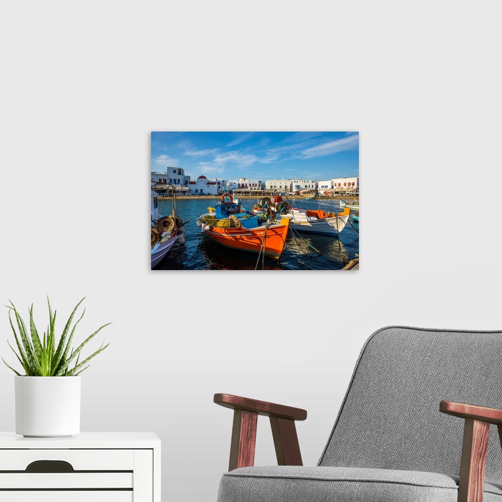 A modern room featuring Harbour in Mykonos Town, Mykonos, Cyclade Islands, Greece.
