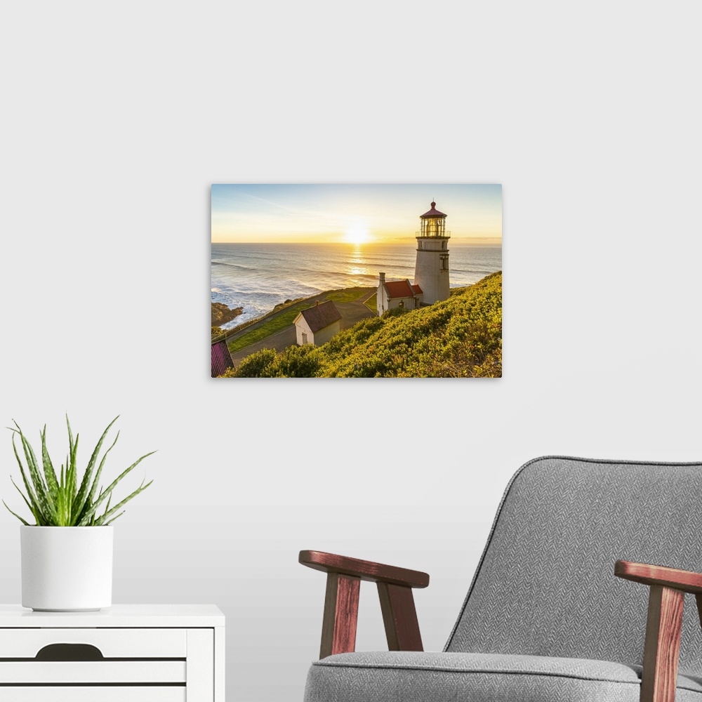 A modern room featuring Heceta Head Lighthouse at sunset. Florence, Lane county, Oregon, USA.