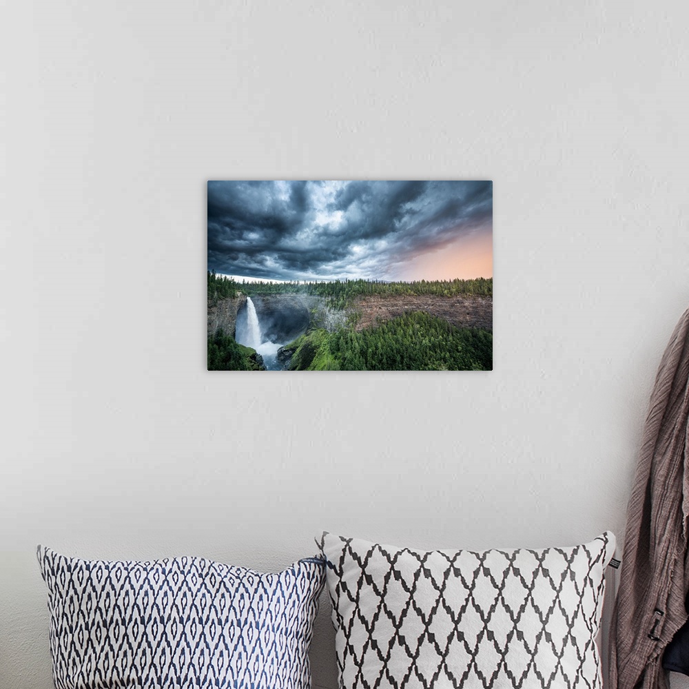 A bohemian room featuring Helmcken Falls, Wells Gray Provincial Park, British Columbia, Canada. Stormy weather