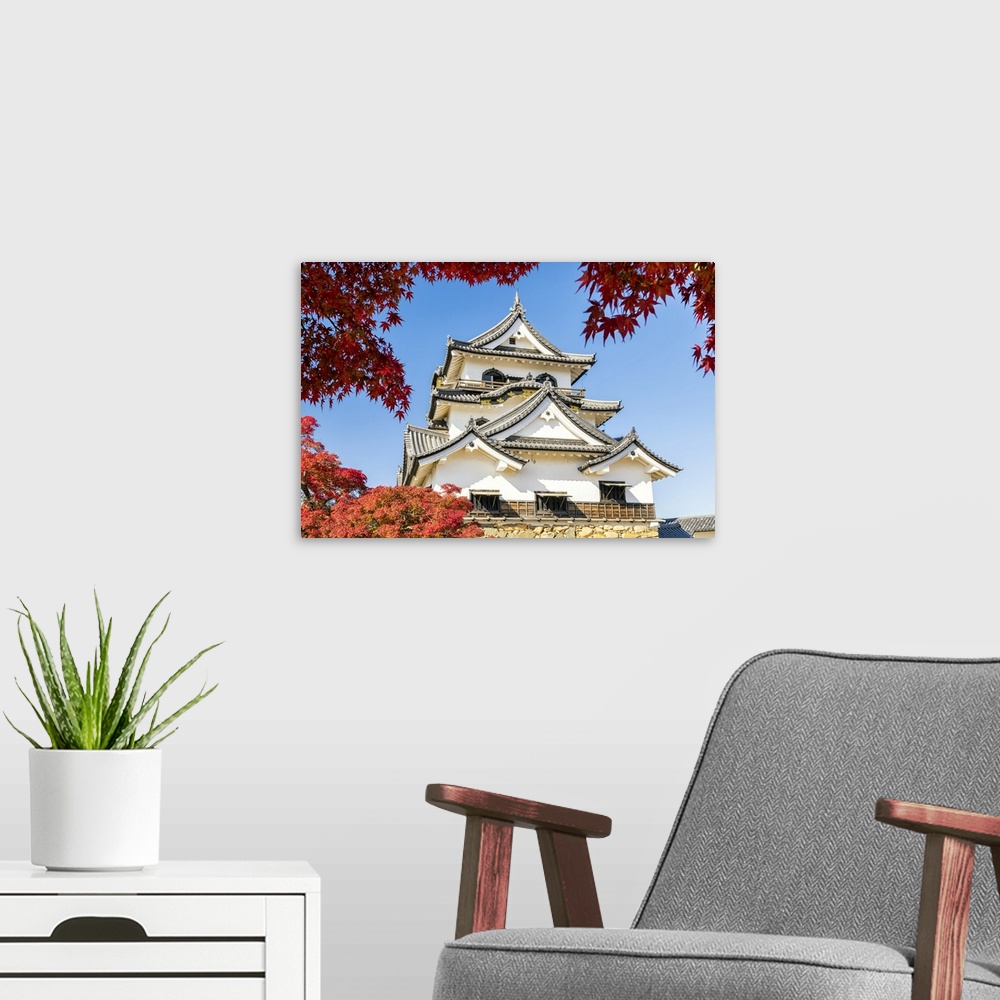 A modern room featuring Hikone Castle in Autumn, Shiga Prefecture, Japan