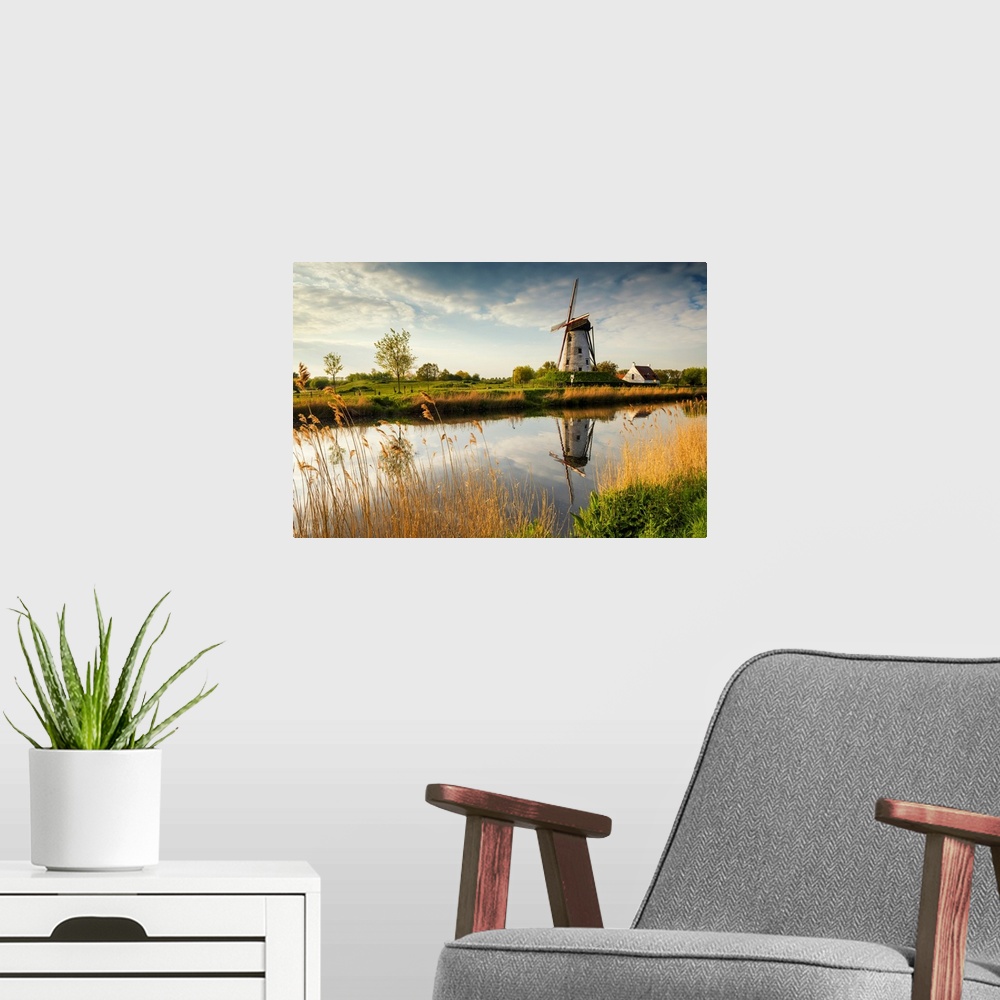 A modern room featuring Hoeke Windmill Reflecting In Canal, Damme, Belgium