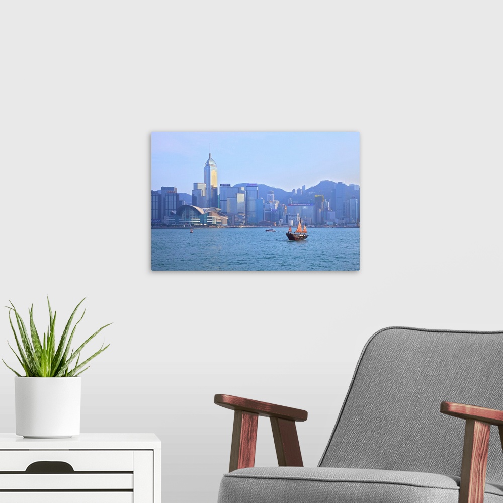 A modern room featuring Hong Kong Harbour With Red Sailed Junk, Hong Kong, Special Administrative Region Of The People's ...