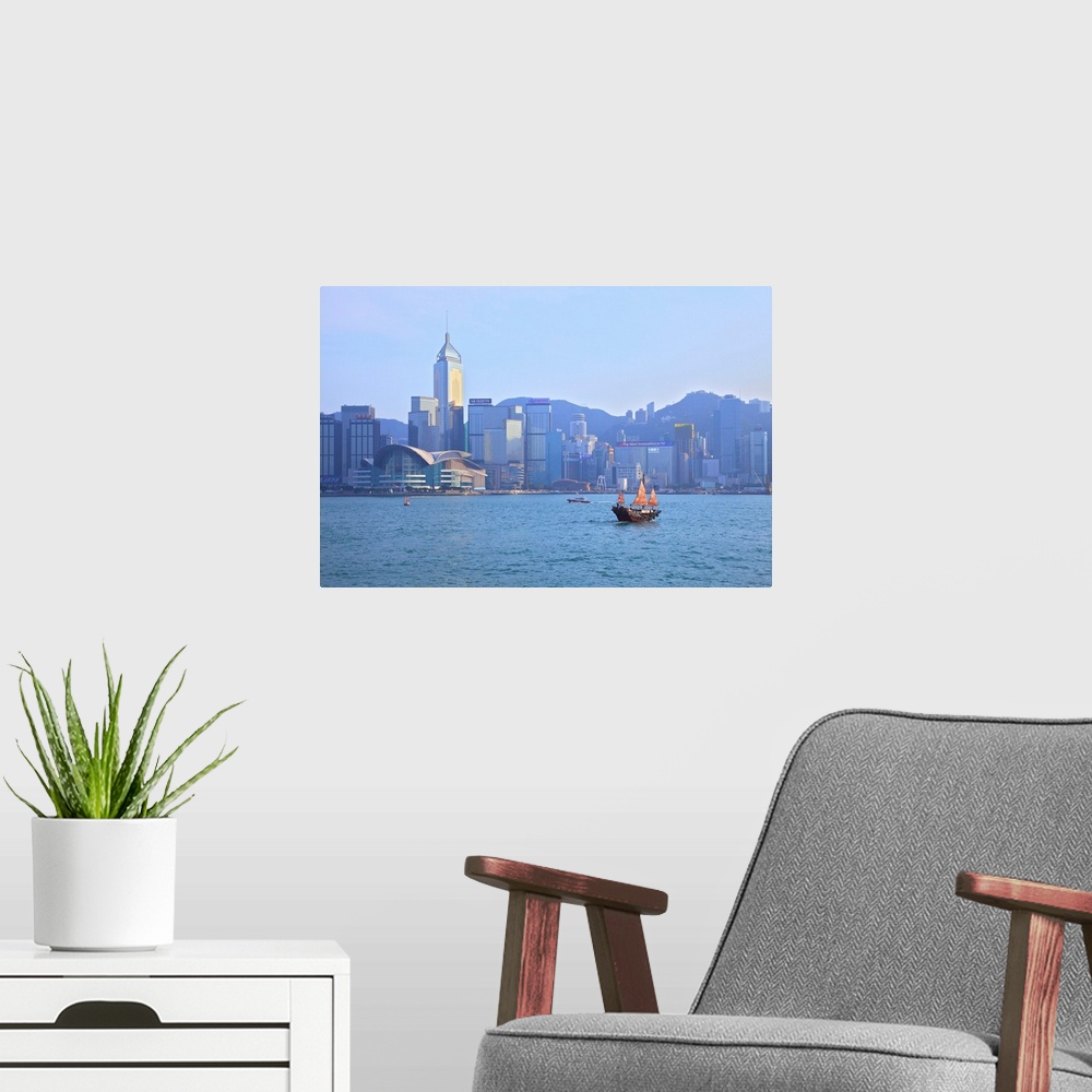 A modern room featuring Hong Kong Harbour With Red Sailed Junk, Hong Kong, Special Administrative Region Of The People's ...