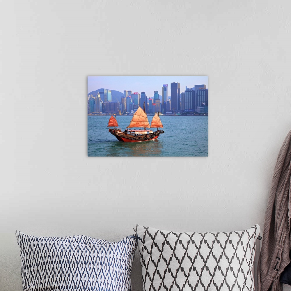 A bohemian room featuring Hong Kong Harbour With Red Sailed Junk, Hong Kong, Special Administrative Region Of The People's ...