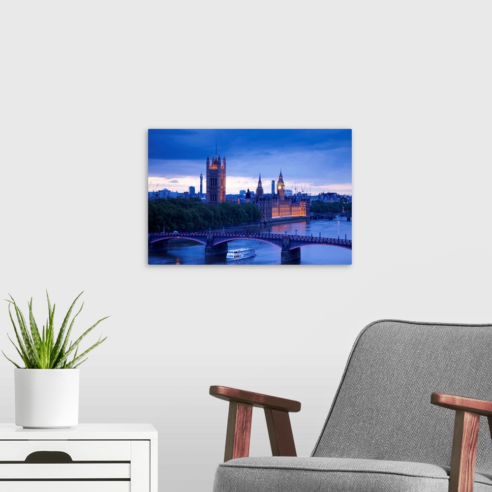 A modern room featuring Houses of Parliament and River Thames, London, England, UK