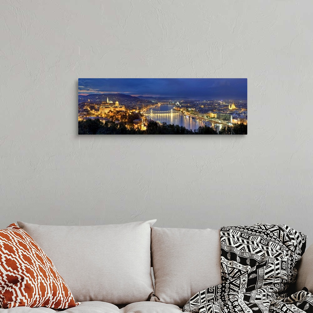 A bohemian room featuring Hungary, Budapest, Castle District, Royal Palace and Chain Bridge over River Danube