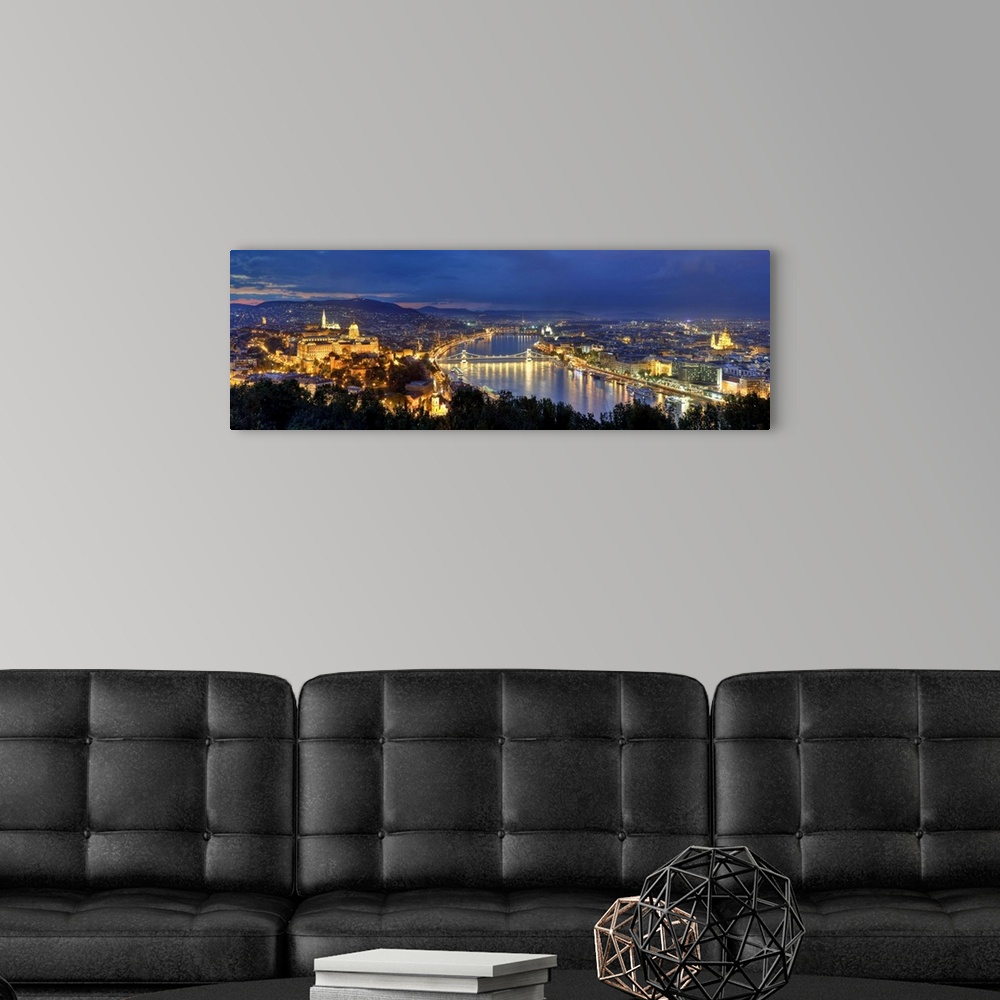 A modern room featuring Hungary, Budapest, Castle District, Royal Palace and Chain Bridge over River Danube