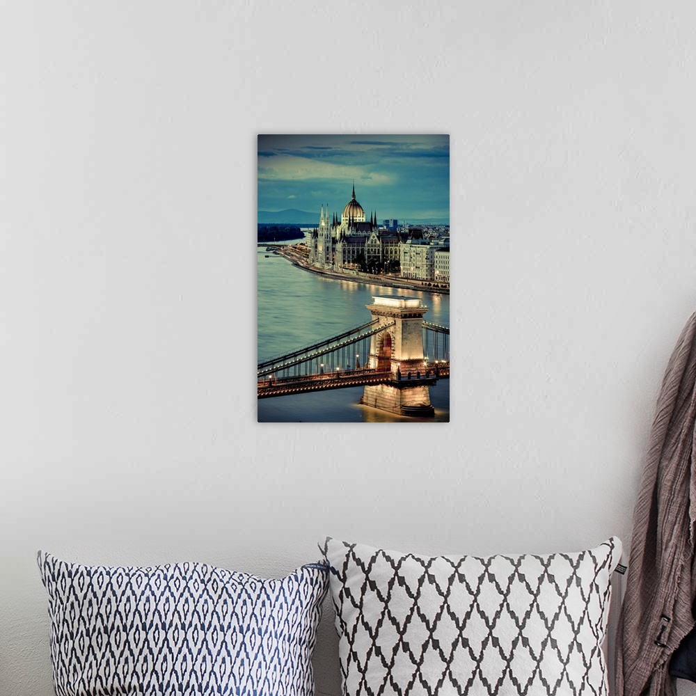 A bohemian room featuring Hungary, Budapest, Parliament Buildings, Chain Bridge and River Danube