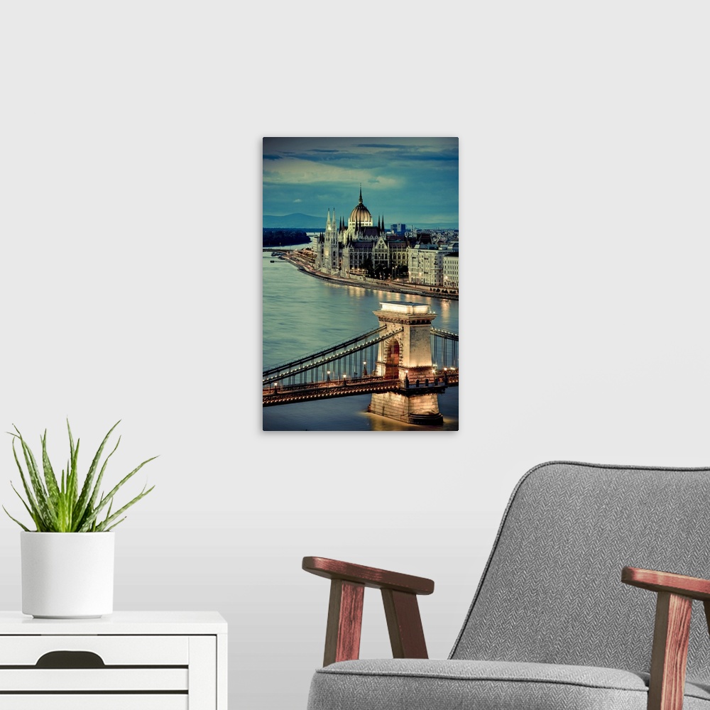 A modern room featuring Hungary, Budapest, Parliament Buildings, Chain Bridge and River Danube