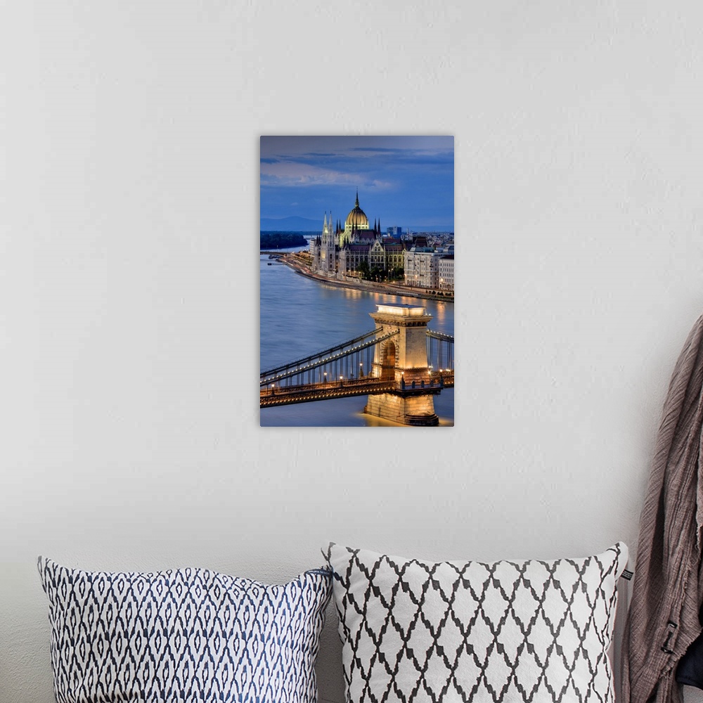 A bohemian room featuring Hungary, Budapest, Parliament Buildings, Chain Bridge and River Danube