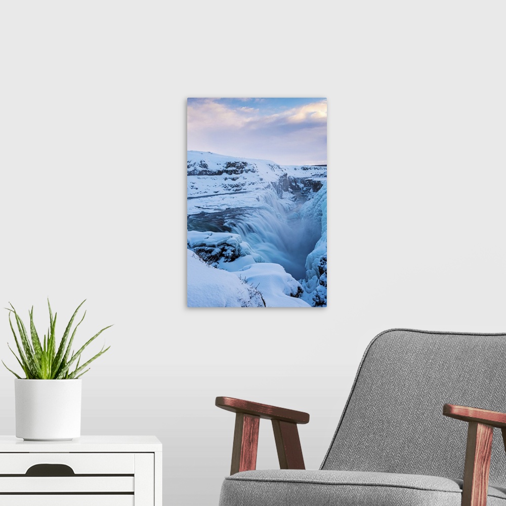A modern room featuring Iceland, Europe. Frozen Gullfoss waterfall in wintertime.