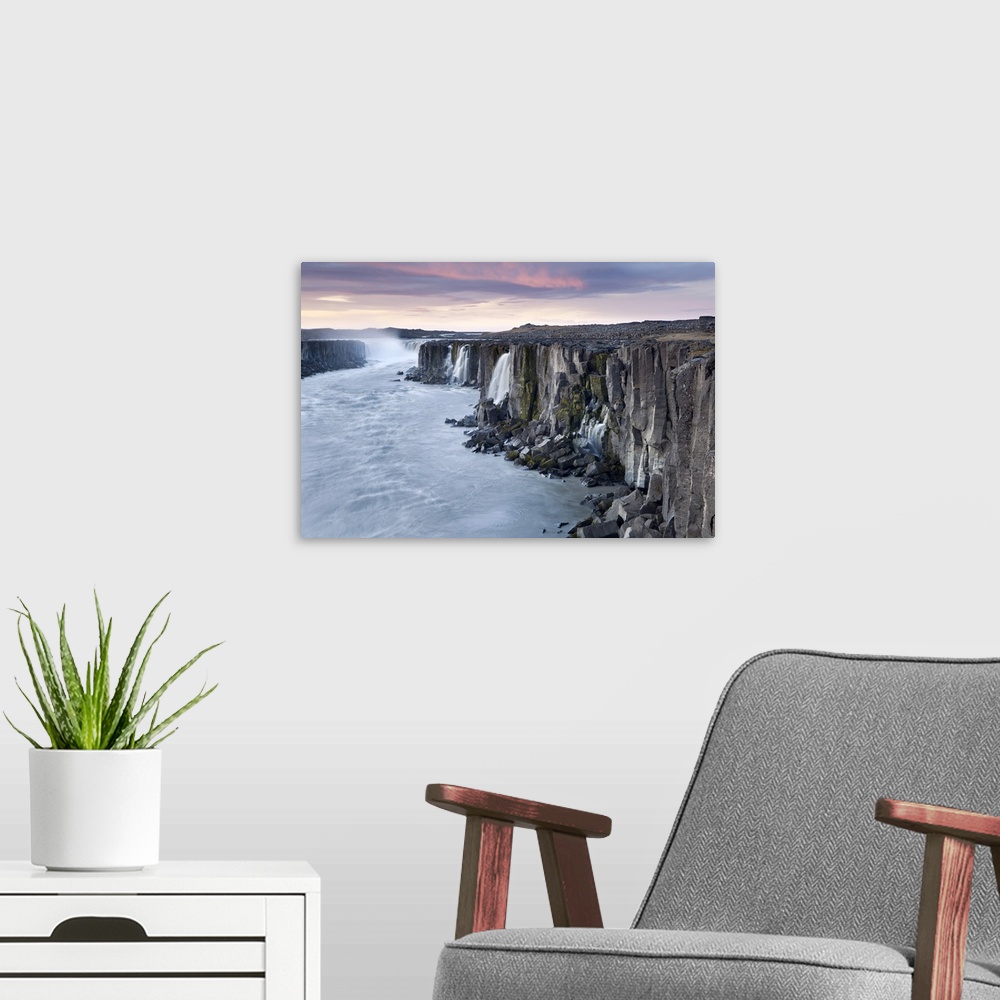 A modern room featuring Iceland , Northeast Iceland , Selfoss waterfall at sunrise