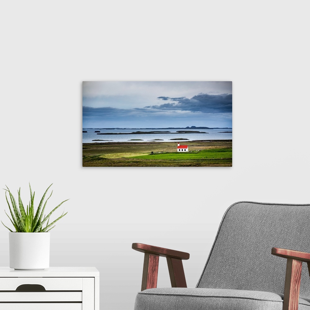 A modern room featuring Iceland, Westfiords and lonely church in the green landscape