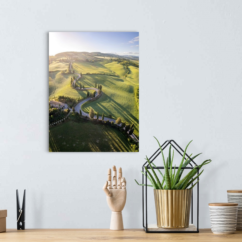 A bohemian room featuring iconic cypresses road of Monticchiello at sunrise. Pienza, Orcia Valley, Siena district, Tuscany,...