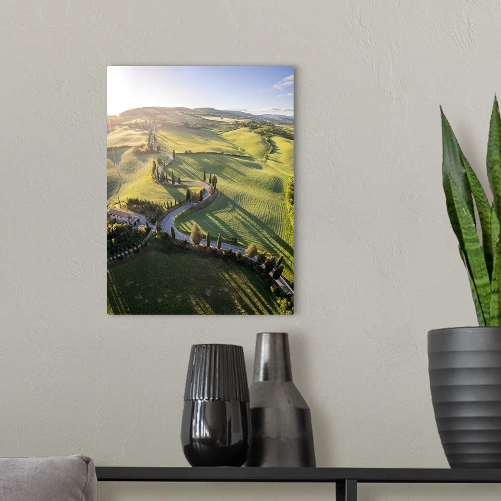 A modern room featuring iconic cypresses road of Monticchiello at sunrise. Pienza, Orcia Valley, Siena district, Tuscany,...