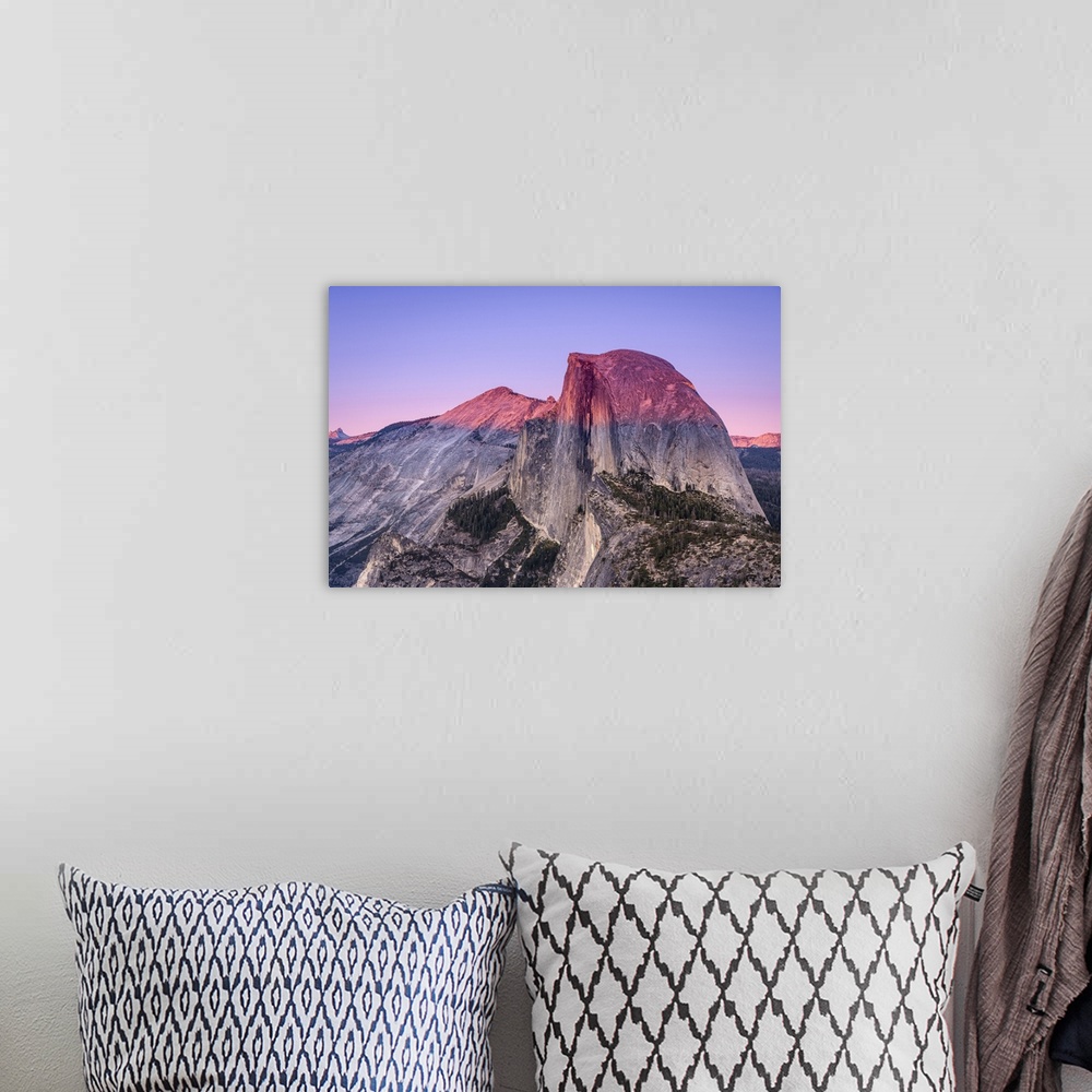 A bohemian room featuring Idyllic view of Half Dome granite rock formation at Yosemite National Park during sunset, Sierra ...