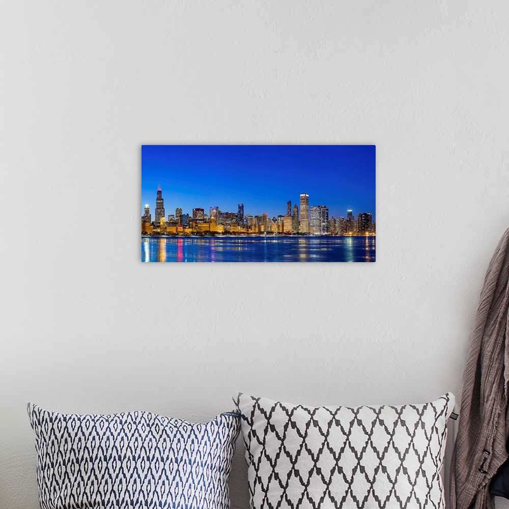 A bohemian room featuring USA, Illinois, Chicago. The City Skyline and a frozen Lake Michigan from near the Shedd Aquarium.