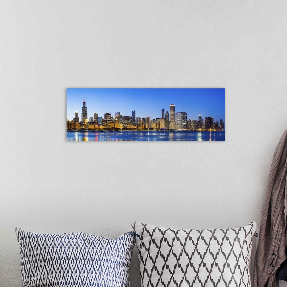 A bohemian room featuring USA, Illinois, Chicago. The City Skyline and a frozen Lake Michigan.
