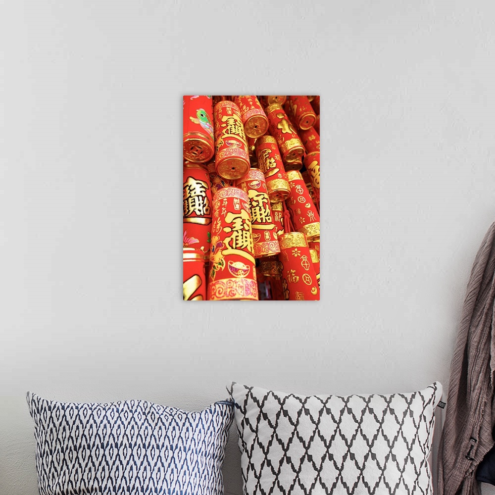 A bohemian room featuring Imitation Fire Crackers Used As Chinese New Year Decorations, Hong Kong, Special Administrative R...