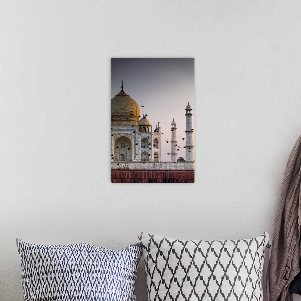 A bohemian room featuring India, Birds Flock In Front The Taj Mahal Dome At Sunset