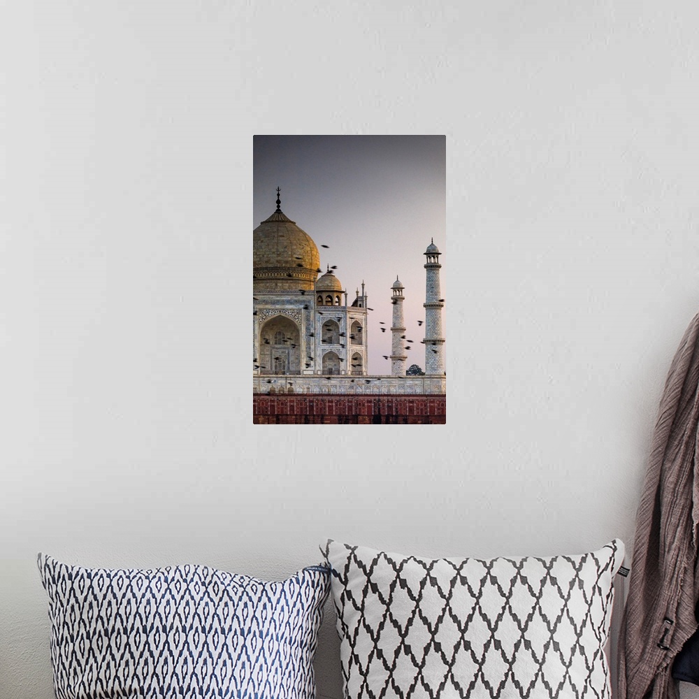 A bohemian room featuring India, Birds Flock In Front The Taj Mahal Dome At Sunset