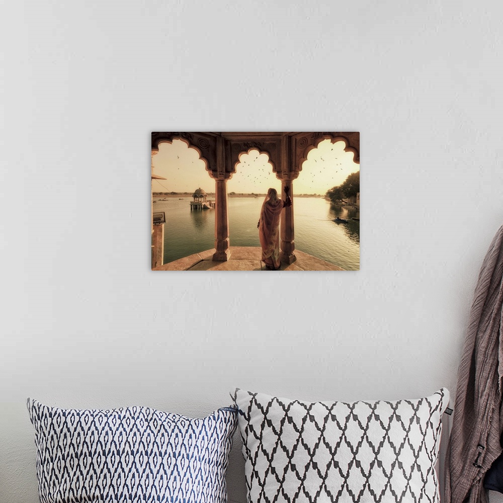 A bohemian room featuring India, Rajasthan, Jaisalmer, Gadi Sagar Lake, Indian Woman wearing traditional Saree outfit