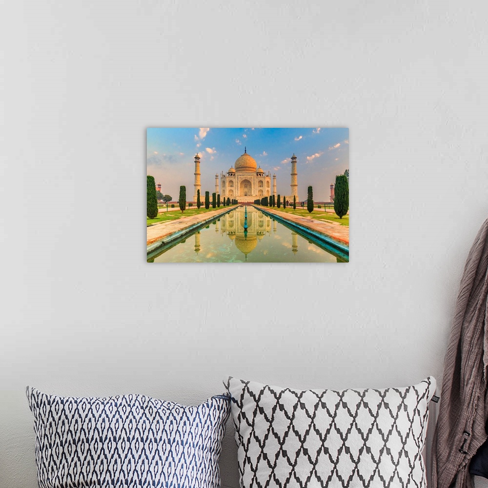 A bohemian room featuring India, Taj Mahal Mausoleum In The Early Morning Reflecting In The Water Pool
