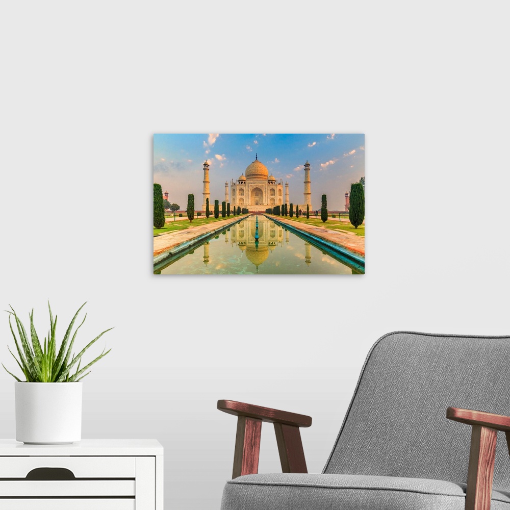 A modern room featuring India, Taj Mahal Mausoleum In The Early Morning Reflecting In The Water Pool