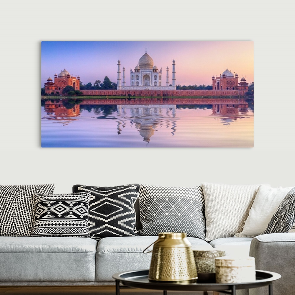 A bohemian room featuring India, The Taj Mahal Mausoleum Reflecting In The Yamuna River At Sunset
