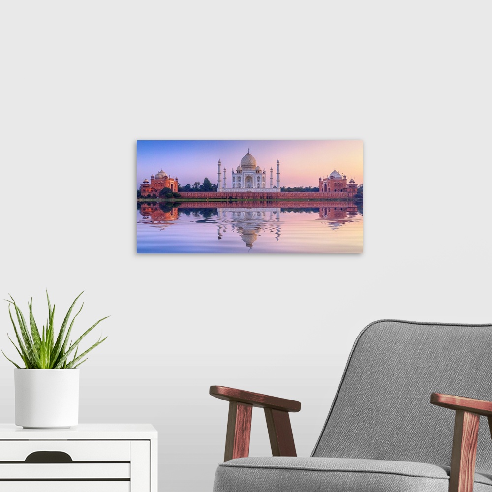 A modern room featuring India, The Taj Mahal Mausoleum Reflecting In The Yamuna River At Sunset